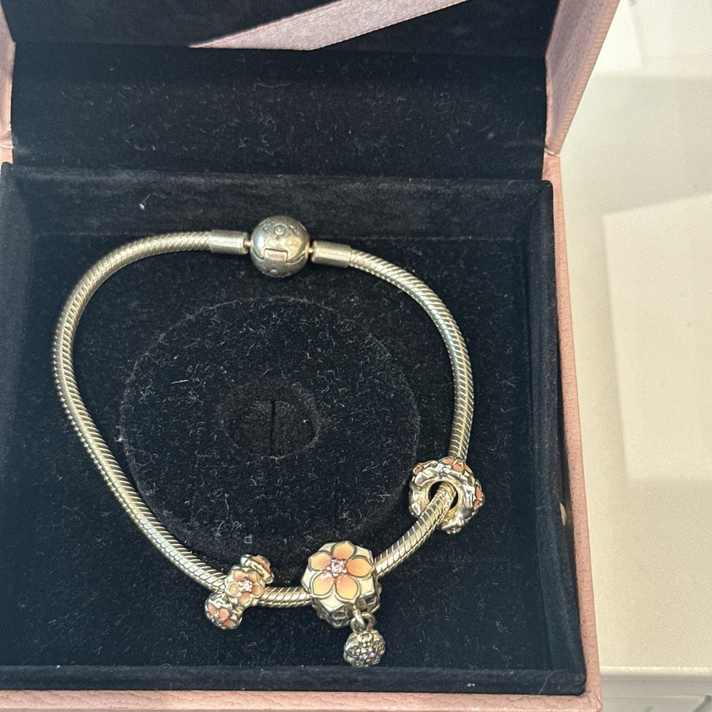 Pandora Silver and Gold Charm Bracelet with Barrel Clasp